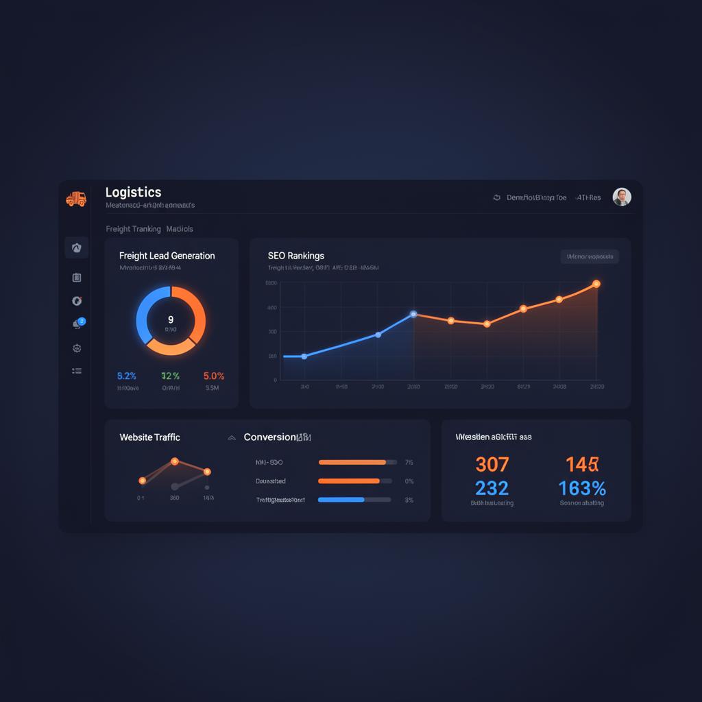Logistics marketing analytics dashboard showing freight lead generation, SEO rankings, and website traffic growth